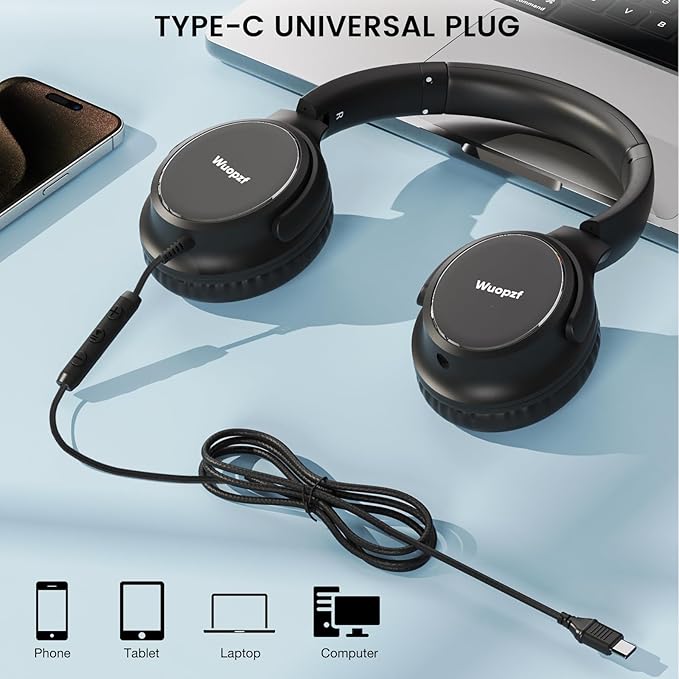 USB C Wired Over-Ear Headphones with Microphone, Volume Control, Share Port, and Adjustable Headband Foldable Stereo Headset for iPhone 16, Samsung, Laptop, Gaming, Travel