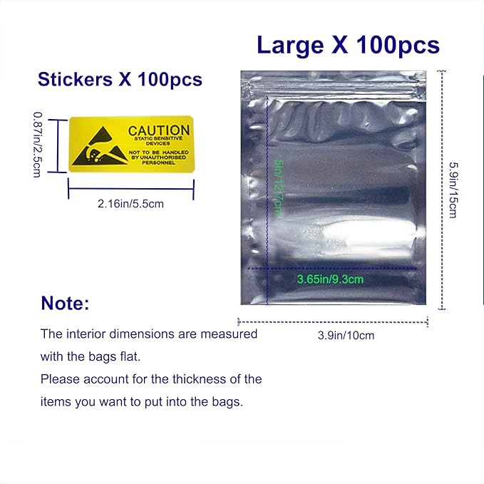 Antistatic Bags ESD Shielding Bag with Anti-Static Labels for Hard Drive SSD HDD Motherboard Video Card RAM Electronic Devices (100pc ziplock 4 * 6 in)
