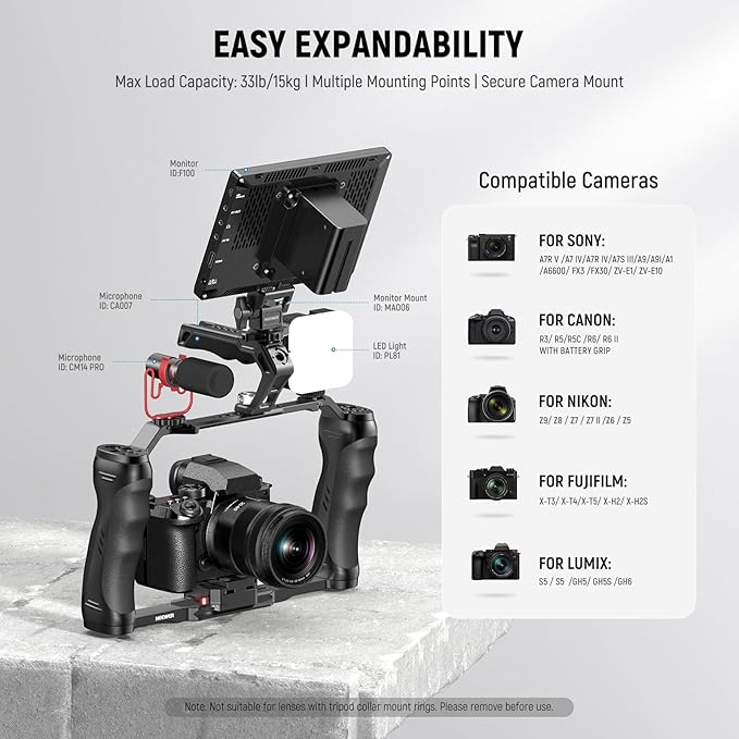 NEEWER Video Camera Cage Rig with Arca Type Quick Release Plate, Double Handles, 3/8" ARRI 1/4" Threads, Cold Shoes, Universal Camera Stabilizer, Compatible with SmallRig NEEWER Base Plate, CA077