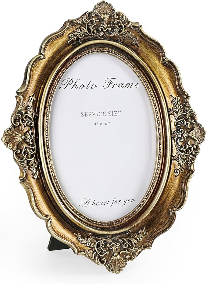 Cuspin 4x6 Vintage Picture Frame Gold Frames, Bronze Gold 4 by 6 Picture Frame Hand-Crafted Resin with Glass Front, Ornate Retro Oval Photo Frame for Wall Hanging and Tabletop Display