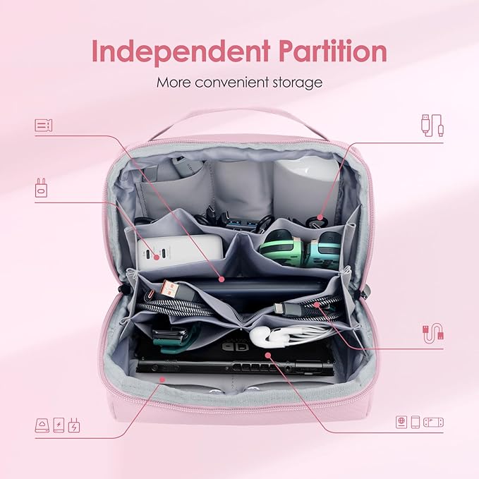 LENTION Premium Electronics Organizer Case with Handle, Large Multi-Compartment Travel Tech Bag for Tablet, Chargers, Cables, AirPods & Toiletries, Waterproof Travel Accessory Organizer (M372 Pink)