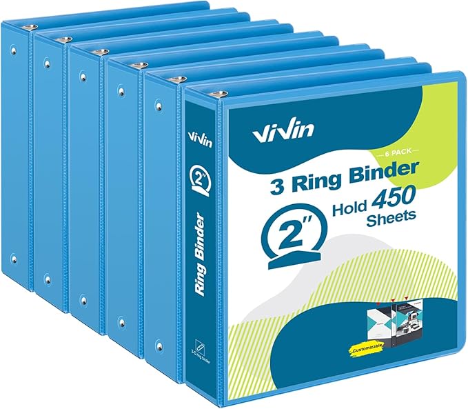 ViVin 2 Inch Round Ring View Binder for Durability, Standard 3 Ring Binder for 450 Sheets of US Letter Size Paper, PVC-Free, 6-Pack (Light Blue)
