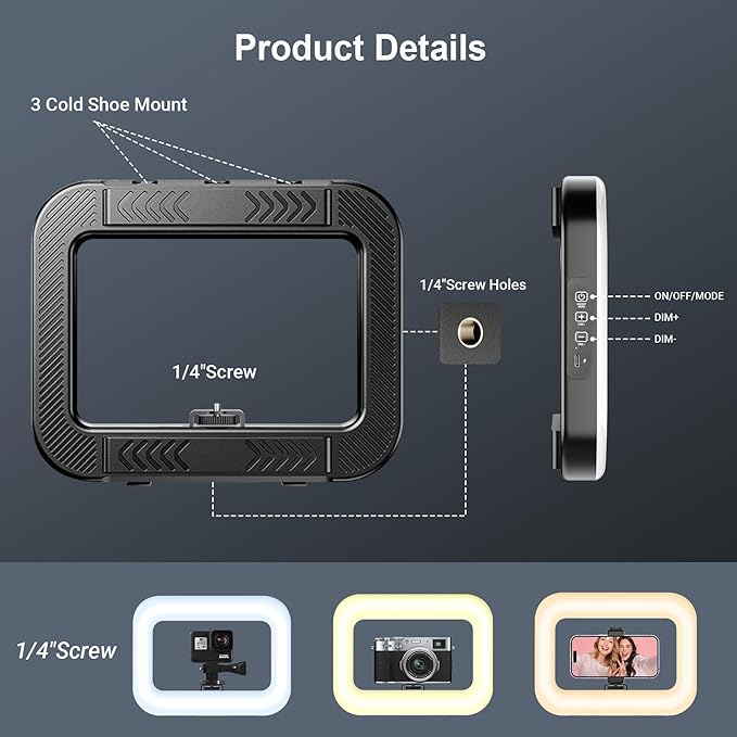 Smartphone Video Rig with Rechargeable Light, Handheld Ring Light for Phone, Phone Stabilizer for Video Recording, Camera, Selfie, Make up, Photography, with 3600mAh Build-in Battery