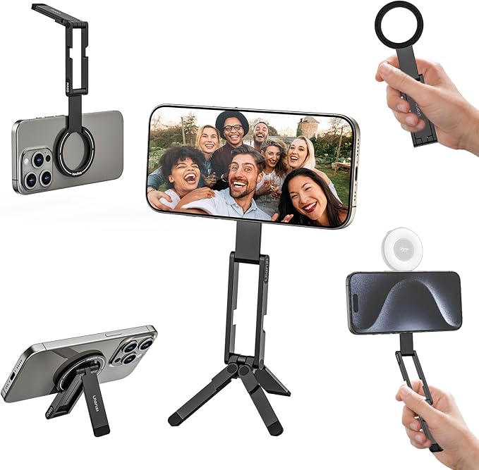ULANZI MA60 Magnetic Phone Tripod Stand for iPhone - Aluminium Smartphone Mini Tripod Pocket Cell Phone Stand Strong Magnet Quick Mount Compatible with iPhone17 16 15 14 13 12 Series, Black