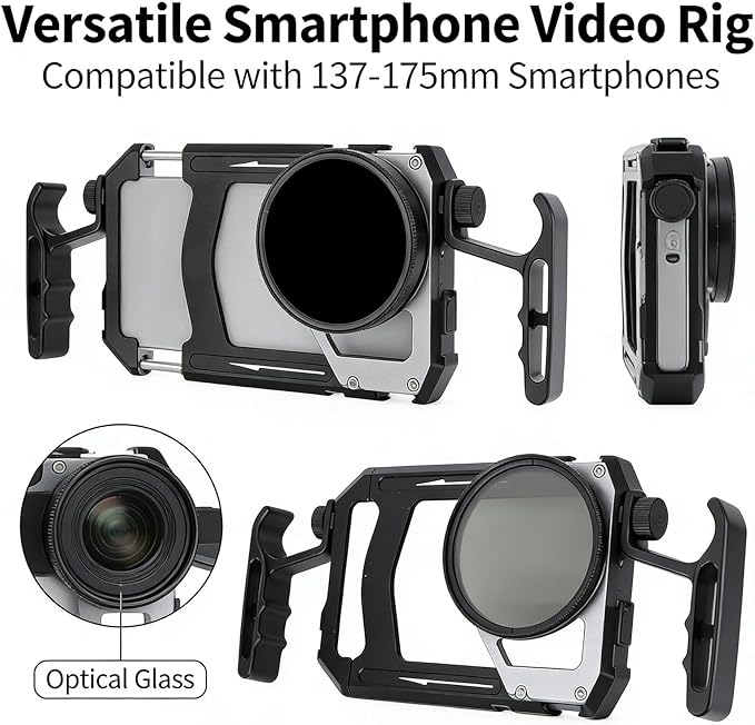 Smartphone Video Rig with Aluminum Alloy Frame, Telescopic Handle, ND Filter, Horizontal and Vertical Support - Dual Handle Stability, Expandable Mounts for Vlogging and