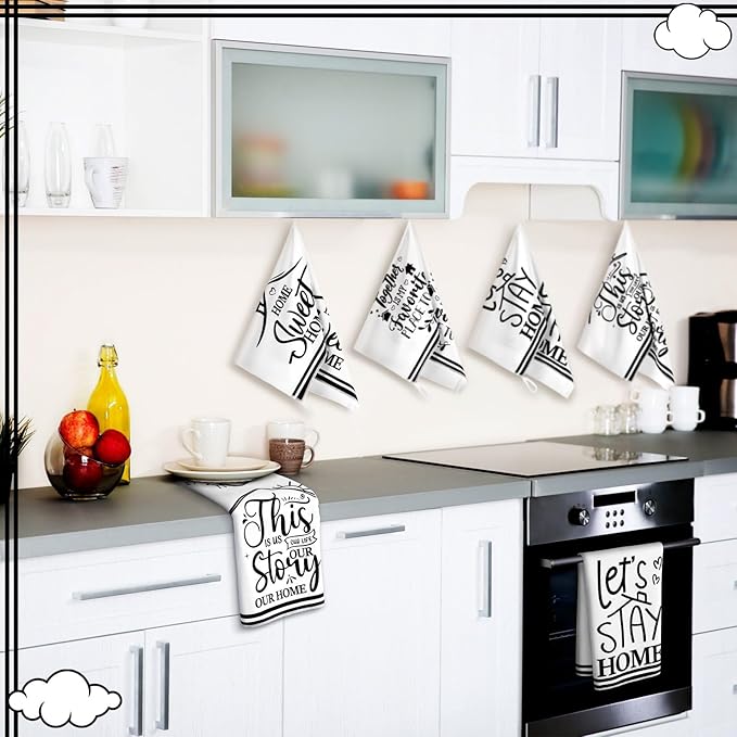 Preboun 6 Pcs New Home Beginning Kitchen Towels Black and White Hand Dish Towels Home Sweet New Memories This is Our Happy Place Bless Housewarming Gifts for Neighbor Friend