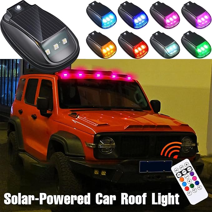 2/4/5PCS Solar Cab Lights for Truck, 2026 New Solar Car Roof RGB Strobe Light, No Drill Solar Powered Cab Lights, with Remote Control, Vibration, for Truck SUV Rvs (2PCS)