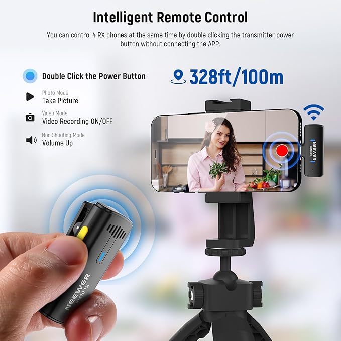 NEEWER Wireless Lavalier Microphone System for iPhone, Mini Clip on Lapel Mic Set with 2 USB C Transmitters/4 Receivers/OTG Adapter Compatible with iPhone Android Phone Computer Tablet, Black, KM20