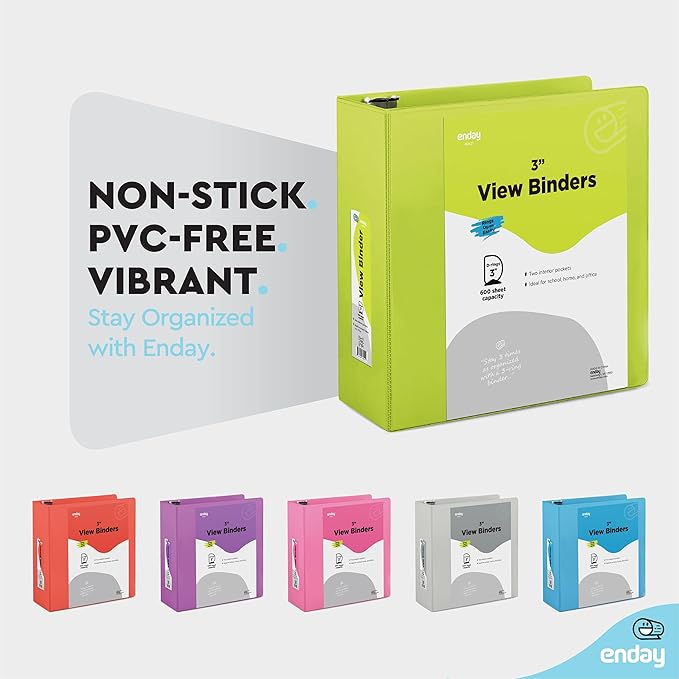 Enday 3 inch Binder (12 Pack - Assorted Colors) 3 Ring Binder 3 inch with Clear View Cover and 2 Inside Pocket - for Letter Size 8.5 x 11'' Paper, Ideal for School Supplies, Office, and Home