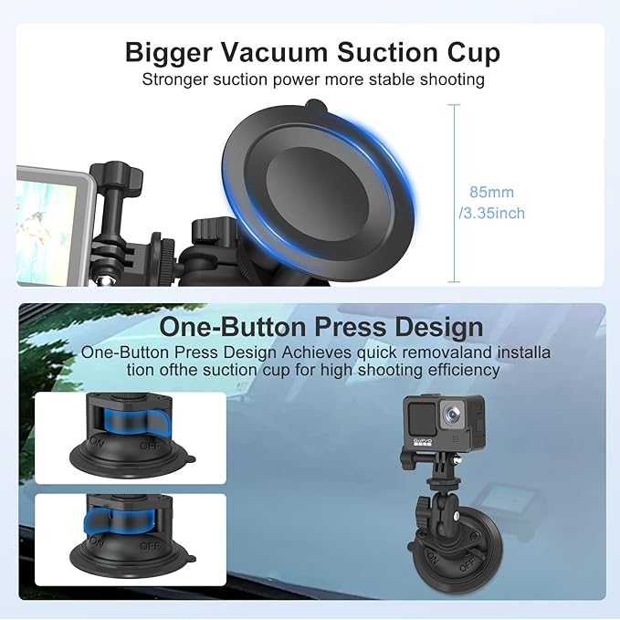 MINIFOCUS Suction Cup Camera Mount with Phone Holder, Car Camera Mount with Ball Head Magic Arm for Windshield Dash Compatible with GoPro Hero 11/10/9, DJI Osmo Action/Procket, Insta360 X5/4/3