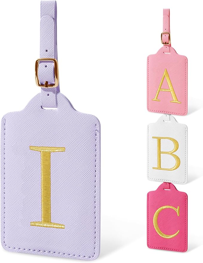 Initial Letter Luggage Tags for Suitcases, Embroidered Monogrammed Suitcase Luggage Identifier Name Tag, PU Leather TSA Approved Luggage Tags, Bag Tags for Men Women Kids Luggage Handbags(Purple I)