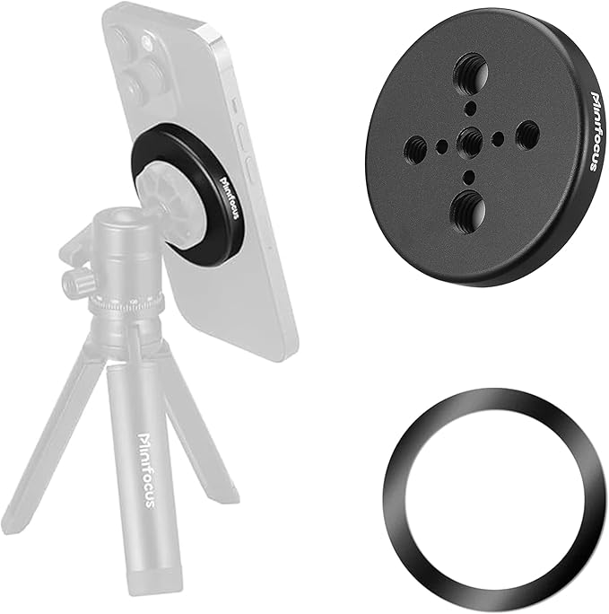 MINIFOCUS Magsafe Tripod Adapter, Magnetic Phone Tripod Mount Adapter with 1/4" Holes, Compatible with MagSafe Sticker for iPhone 17/16/15/14/13/12 Pro/Pro Max/Mini & More Phone