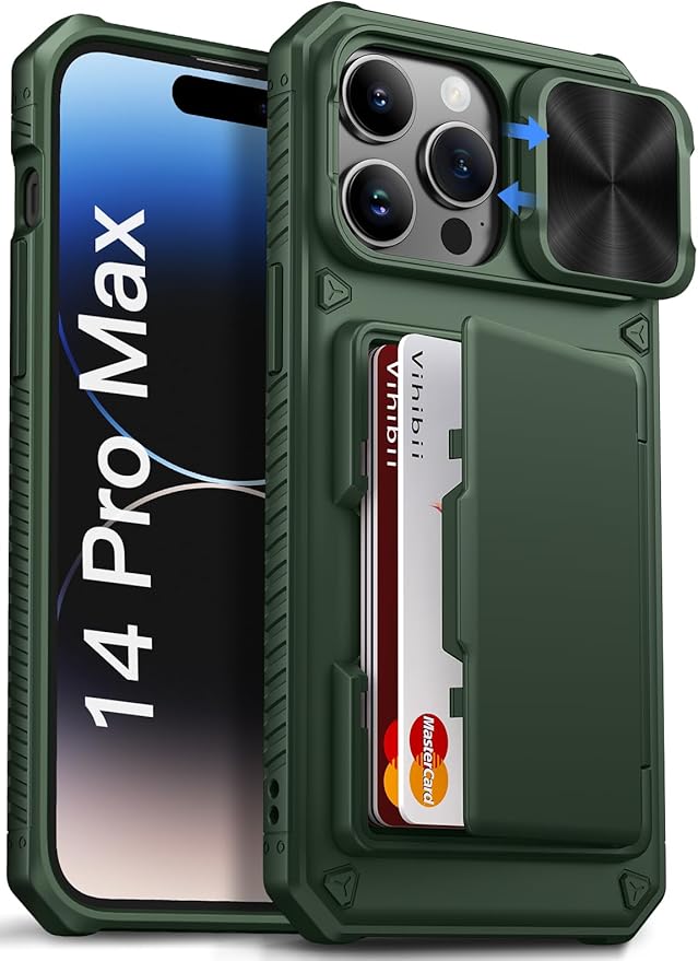 Vihibii for iPhone 14 Pro Max Wallet Case, Built-in Card Holder (4 Cards), [RFID Blocking] & Slide Camera Cover, Military Grade Drop Protection, TPU Soft Edge Wallet Phone Case, 6.7" 2022, Green