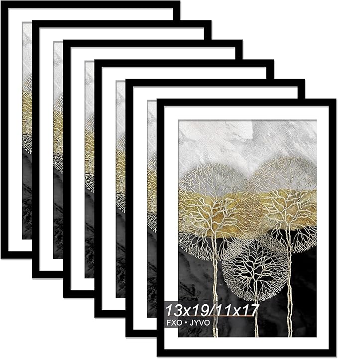 13x19 Picture Frame Set of 6, Display Poster 11x17 with Mat or 13 x 19 Without Mat, Light Weight and High Transparent 13 by 19 Frame for Wall - 6 Pack/Black/13 x19