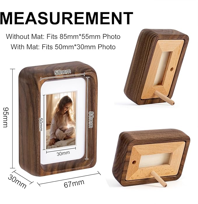 Kattepote 3 inch Wooden Mini Instant Photo Frames, with Mat for 1x2 inch Photo, Natural Walnut Wood Mini 2 x 3 inch Tabletop Picture Frame Instant Camera Photo Frames (Walnut)