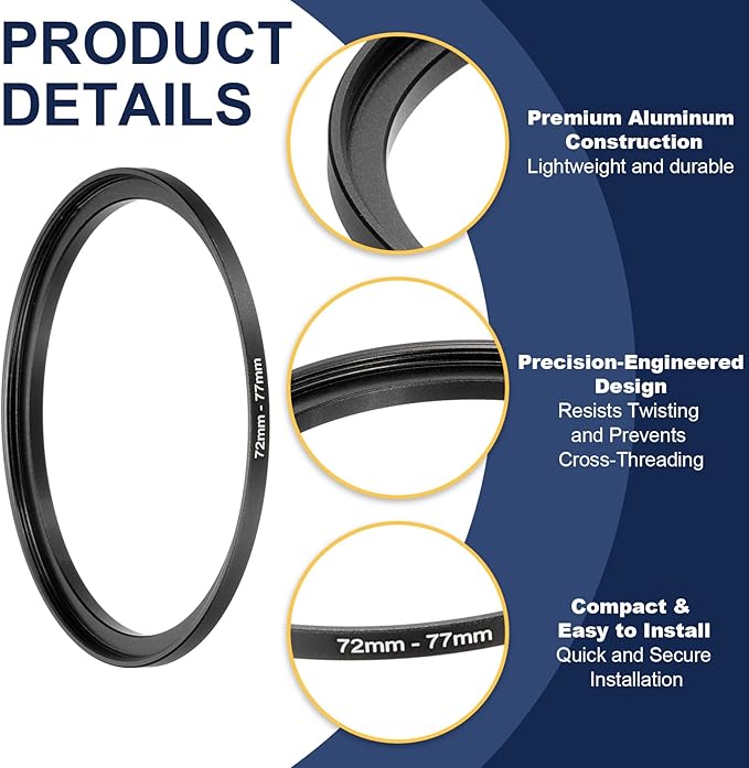 PATIKIL Step-Up Ring Adapter 72mm to 77mm, Filter Step-up Rings Camera Lens Filters Metal Ring Digital for ND IR DSLR Lenses, Black