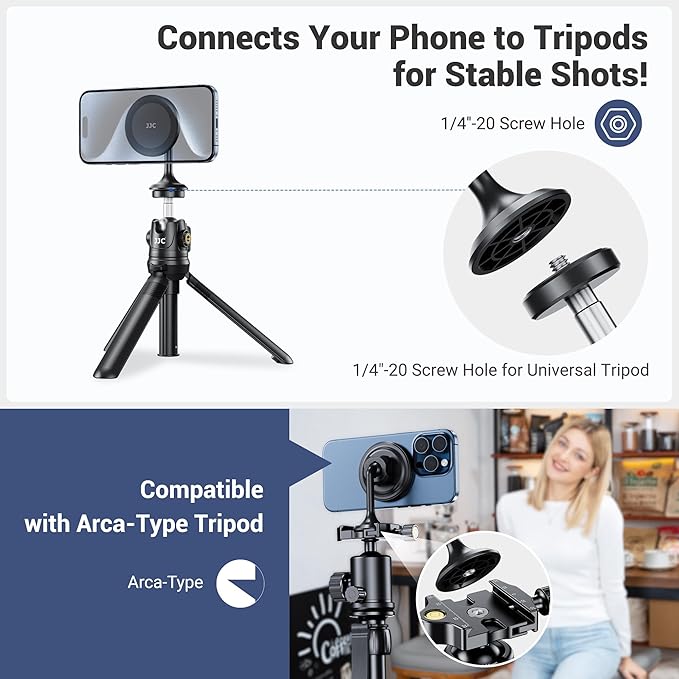 Magnetic Phone Tripod Mount Adapter with Arca Swiss Mount,Phone Holder for Tripods with 1/4"-20 Screw for iPhone 17 Air 16 15 14 13 Pro Max & Mag-Safe Case Magnet Tripod Attachment for Selfie Vlogging