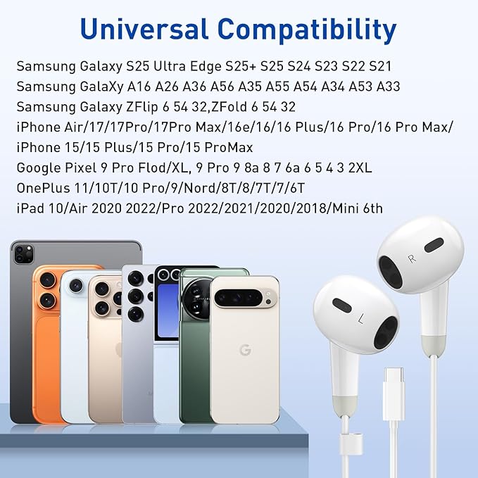 USB C Headphones for iPhone 17 16 15 Pro Max, 2 Pack Wired Earbuds USB C Wired Headphones with Microphone & Remote, Noise Isolating Earphones for iPad Pro/iPad Air, Galaxy S25 S24 S23 Ultra
