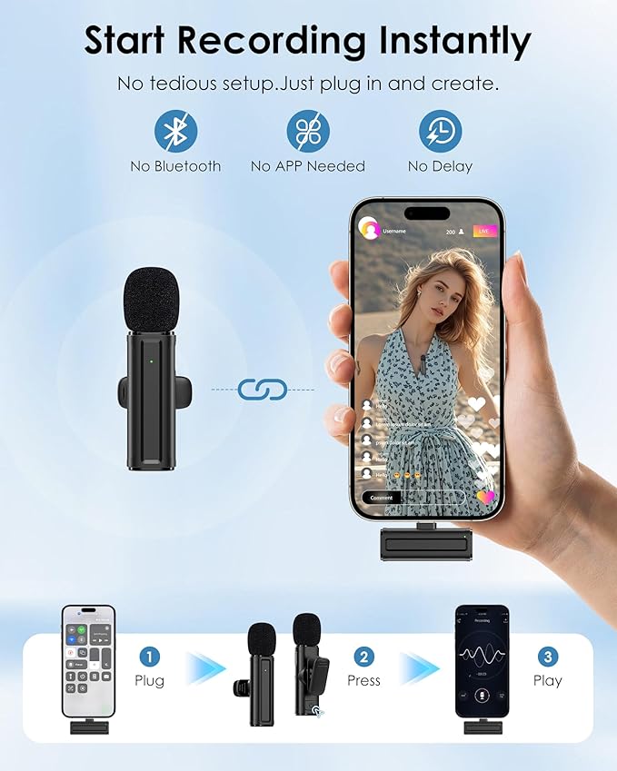 Wireless Mini Microphone for iPhone, iPad, Android Phone, 2 Pack Lavalier Mic with 360° Rotatable Clip, Plug and Play Noise Reduction USB-C Lapel Mic for Video Recording YouTube Content Creators