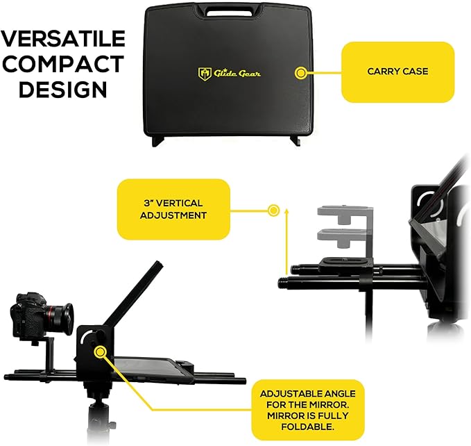 Glide Gear TMP 500 Teleprompter – DSLR, Tablet, Smartphone – 12" Glass, 15mm Rails, Hard Case, No Assembly