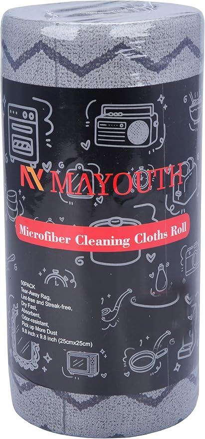 Microfiber Cleaning Cloths Roll 50-Pack Reusable Paper Towels for Car Wash Supplies Ultra Absorbent Kitchen Dish Rags House Window Cleaning Cloths Lint Free Tear Away (Navy Blue Wave Pattern)