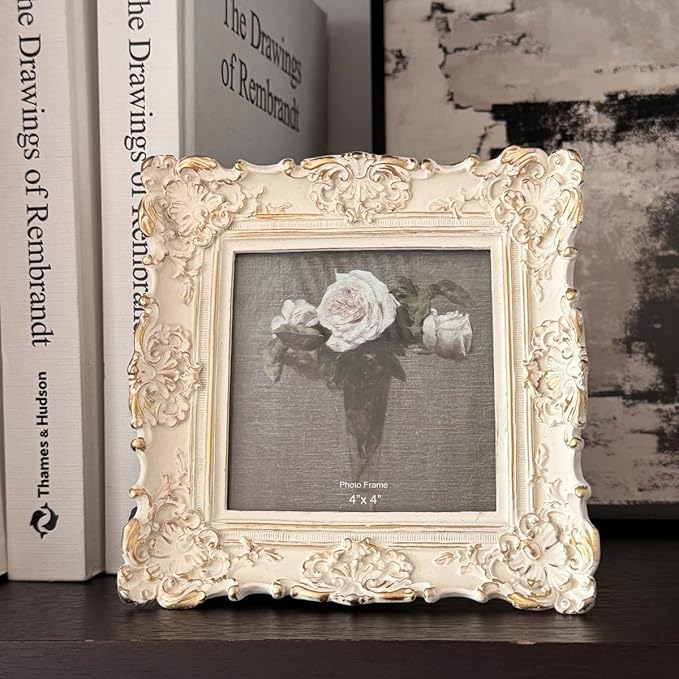 CISOO 4x4 Vintage Small Picture Frame, Antique Ornate White with Gold Square Photo Frame, for Table Top and Wall Display, Decorative Floral Design Retro Home Decor, Photo Gallery Art