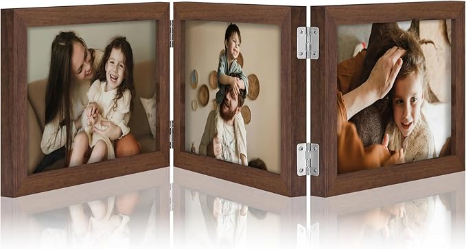 decorUhome Triple 7x5 Picture Frame Horizontal, Engineered Wood Trifold Photo Frame with Plexiglass for Tabletop Display, 7x5, Brown