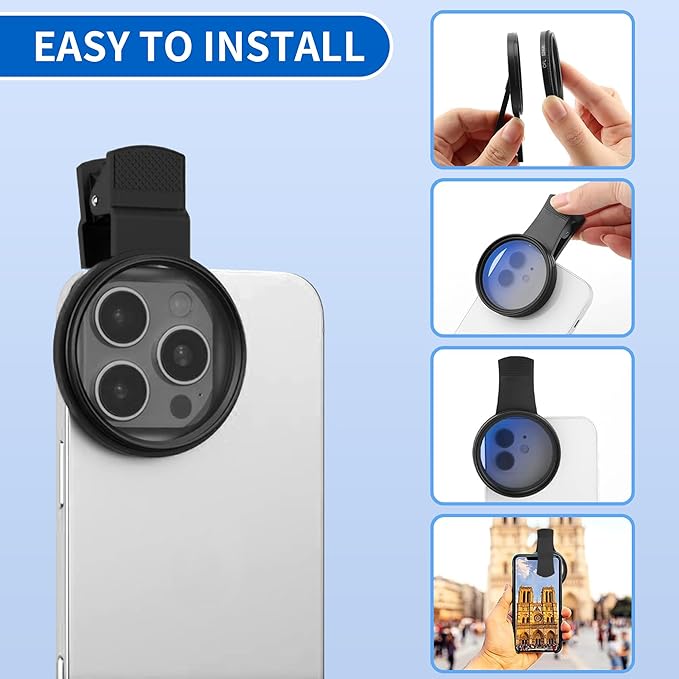 52mm Clip-on CPL Phone Camera Lens Filter–Universal CPL Filter Compatible with Smartphones, HD Polarizing Phone Lens to Reduce Glare Enhance Colors for Pro-Level Photos