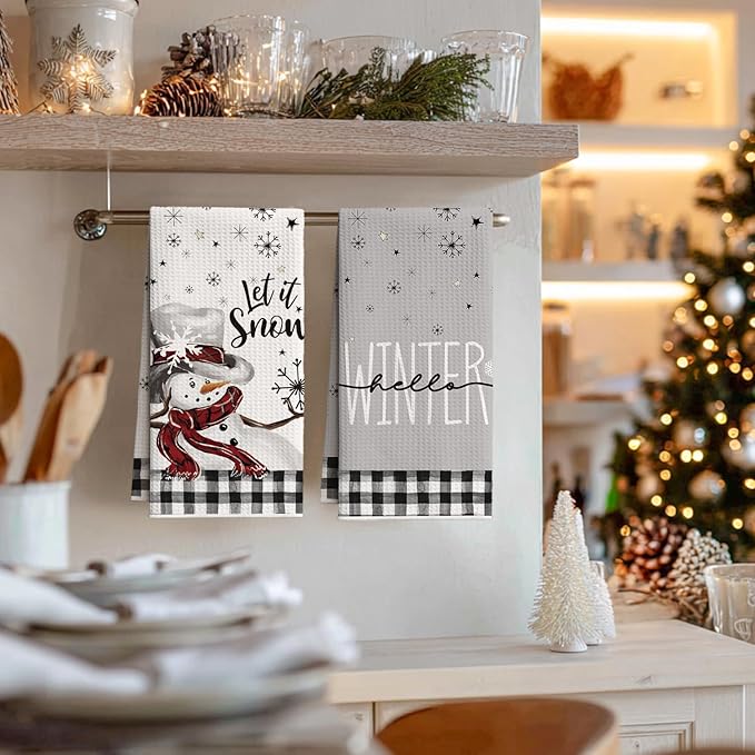 Artoid Mode Black Xmas Tree Snowman Merry Christmas Kitchen Towels, 18x26 Inch Quick Dry Microfiber Cloth Dish Towels for Kitchen Drying Set of 4
