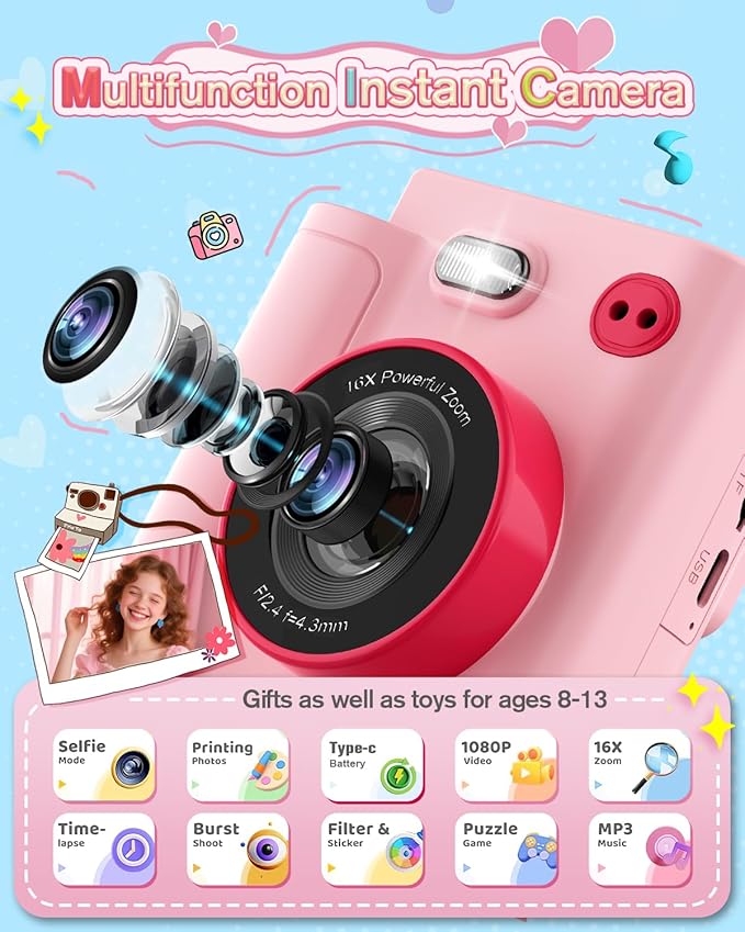 MYSTILUCK Kids Camera Toys for 3 4 5 6 7 8 9 10 Year Old Girls Boys, Christmas Birthday Gift with 1080P HD Digital Camera, 32GB SD Card, Selfie Mode, Fun Filters, Portable Travel Toy - Pink