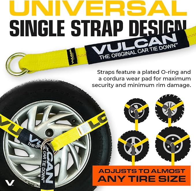 VULCAN Car Tie Down with Snap Hooks - Lasso Style - 2 Inch x 96 Inch - 4 Pack - Classic Yellow - 3,300 Pound Safe Working Load