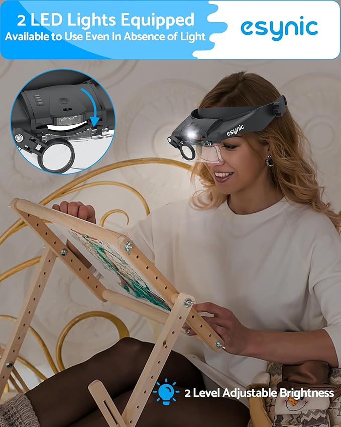 eSynic Head Magnifier 1.5X-14.5X with 5 Acrylic Lenses &2 LED Lights Wide Field of View Comfortable Headband Magnifying Glasses with Rechargeable Battery Alert for Reading Crafts Jewelry Repair