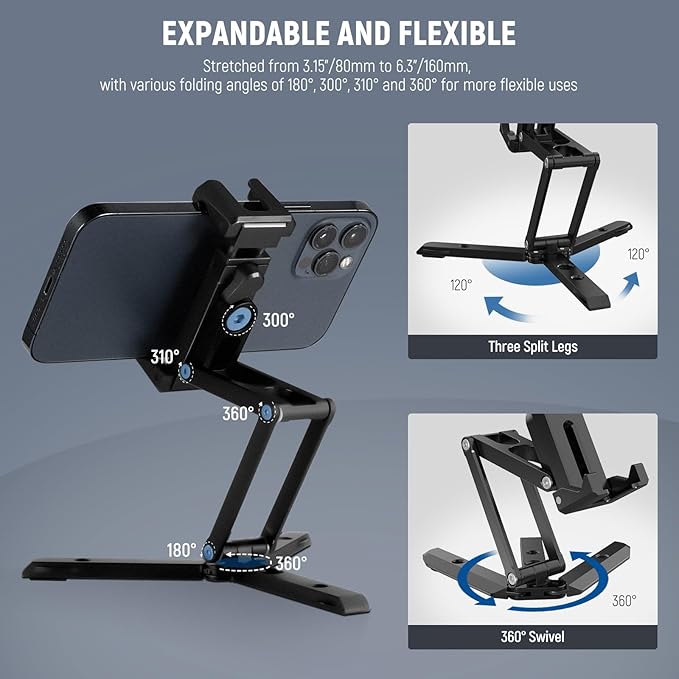 NEEWER Phone Tripod Mount with Cold Shoes, Metal Smartphone Tripod Adapter Compatible with iPhone, Multi Angle Tri Fold Cell Phone Holder, Handheld Phone Grip for Streaming Vlog SP-04