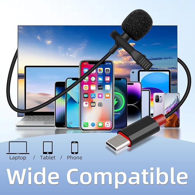 GELRHONR USB C Lavalier Microphone, Type-C Lapel Microphone Wired with USB A Adapter, 48kHz/24bit, Compatible with PC,Laptop, Phone for Video Recording, Live Streaming and More, 4.9FT