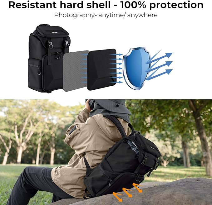 K&F CONCEPT Camera Backpack, Hard Shell Camera Bag, Large Capacity Photography Backpack with 15.6" Laptop Compartment & Tripod Holder & Rain Cover