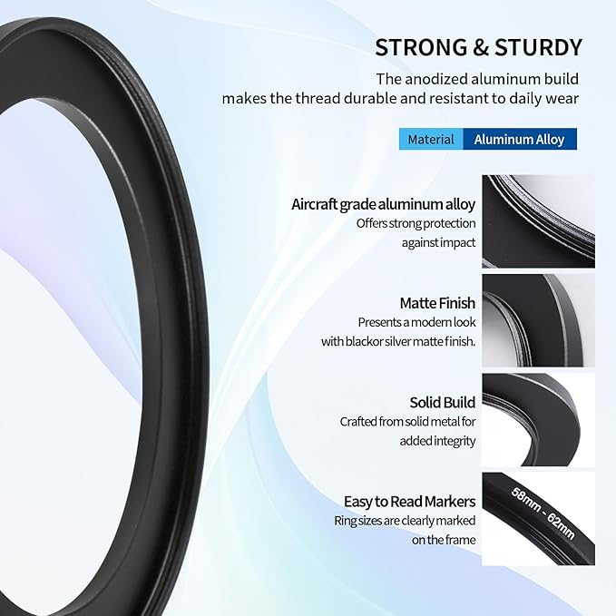 58-62mm Step-Up Ring Adapter, 58mm to 62mm Step Up Filter Ring for 58mm Lens Mount 62mm for DSLR Lenses and ND UV CPL IR Filters （58-62mm）