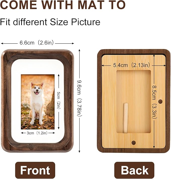 TEYCLZORE 3 inch Wood Small Picture Frames, Natural Walnut Wooden Photo Frame, Desktop Cute Mini Small Photo Frame with Mat, Displays 1.2x2 Picture with Mat or 2x3 Without Mat for Tabletop Display
