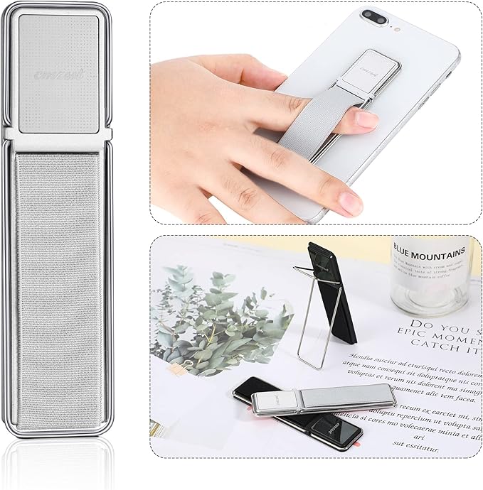 4 Pieces Phone Grip Strap Telescopic Phone Kickstand Elastic Finger Holer Hand Strap Adhesive Loop for Phone Grip with Stand Compatible with Most Smartphones (Black, Silver)