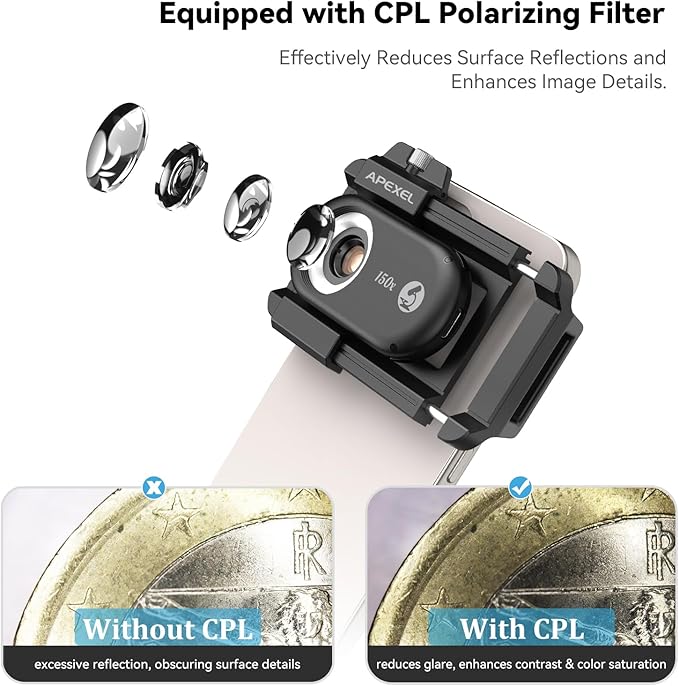 APEXEL Phone Microscope Lens, PhoneMicro 5 Series 150X Phone Micro Lens for Android/iPhone With LED Light/CPL/Universal Clip, Mini Pocket Microscope, Smartphone Camera Attachment for iPhone & Android.
