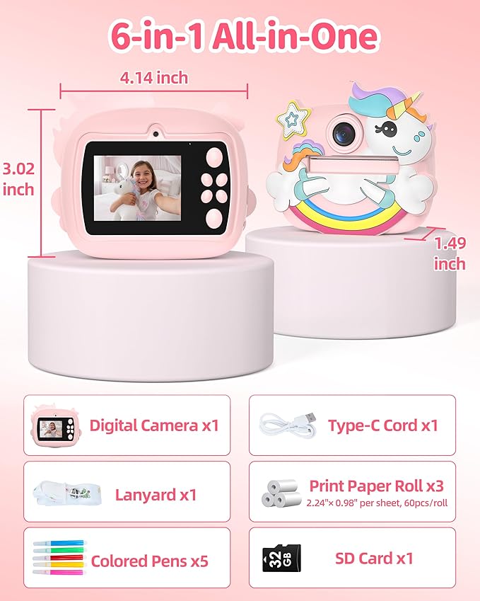 Kids Camera Instant Print, 1080P Digital Camera for Kids with 32GB SD Card, Toddler Girl Toys Birthday Festival Gifts for 3 4 5 6 7 8 9 10 Year Old Girls, Portable Travel Toys for Girls Age 3-10