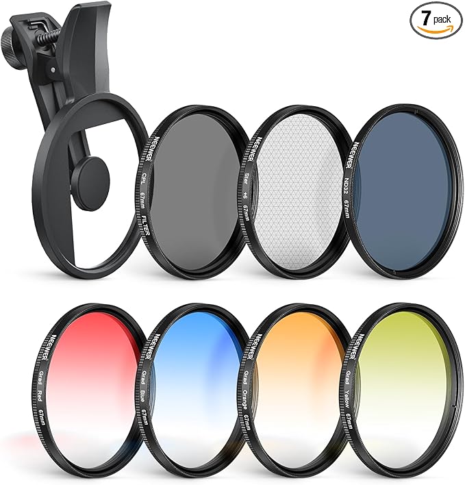 NEEWER 67mm ND Filter Set Compatible with iPhone, 7 Pack Clip On CPL Circular Polarizing + ND32 + Starlight + GND (Red/Orange/Yellow/Blue) Phone Camera Lens Photography Accessories Kit, FL-P12