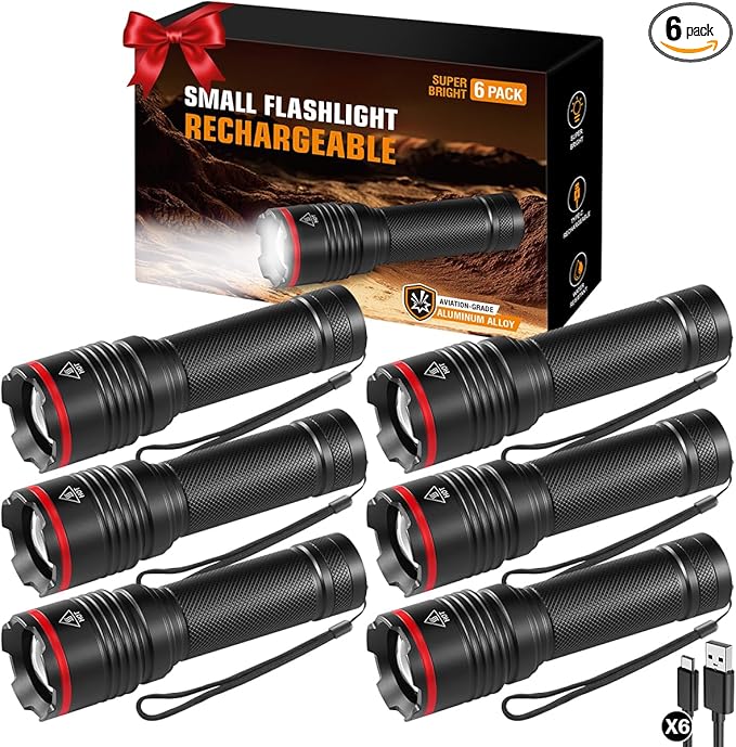 6Pack Rechargeable Flashlights High Lumens, Small Flashlight Powerful, Mini LED Flashlight Rechargeable, Handheld Tactical Flash Light, Super Bright Pocket Flashlights for Home Emergency Camping