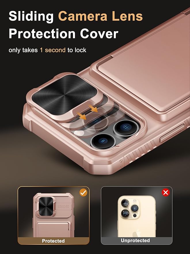 Vihibii for iPhone 13 Pro Wallet Case with Card Holder (4 Cards), [RFID Blocking] & Slide Lens Camera Cover & Raised Edges Protect Screen, Shockproof Rugged Wallet Phone Case, 6.1" 2021, Rose Gold