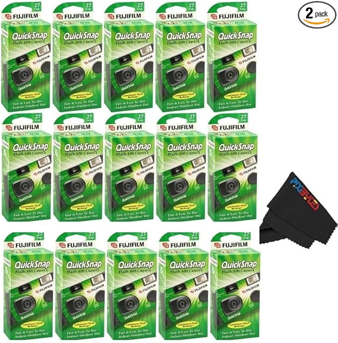 Fujifilm QuickSnap Flash 400 Disposable 35mm Camera with PixiBytes Microfiber Cleaning Cloth... (15 Packs (7 Twin/1 Single Pack))