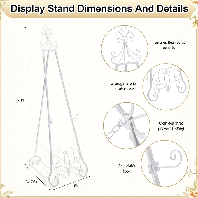 White Easel Stand for Wedding Sign, 57'' Adjustable Vintage Scroll Floor Display Stand with Chain Support for Welcome Poster, Photo, Art, Decorative Event Display