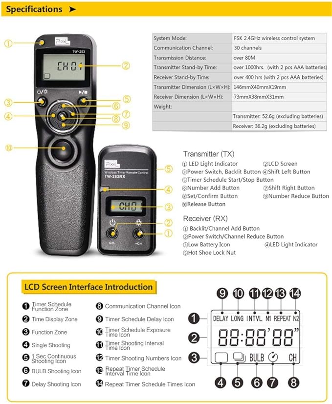 Pixel Timer Shutter Release Remote Control TW283-S2 Remote Release for Sony A58 A7 A7II A7R A7RII A7S A3000 A5000 A5100 A6500 RX100II HX300 HX400V HX50V HX90V RX100MIII