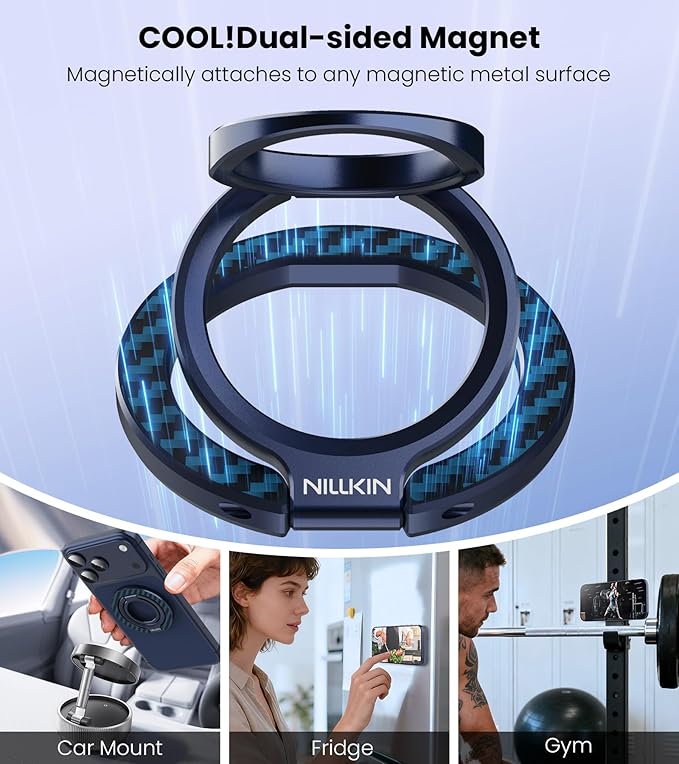 Nillkin MagSafe Phone Grip Ring Holder for Dual-Sided Magnet, Removable Magnetic Phone Ring Holder for iPhone 17/16/Pixel Snap Grip, Carbon Fiber, MagSafe Ring Stand, Accessories for iPhone, Blue