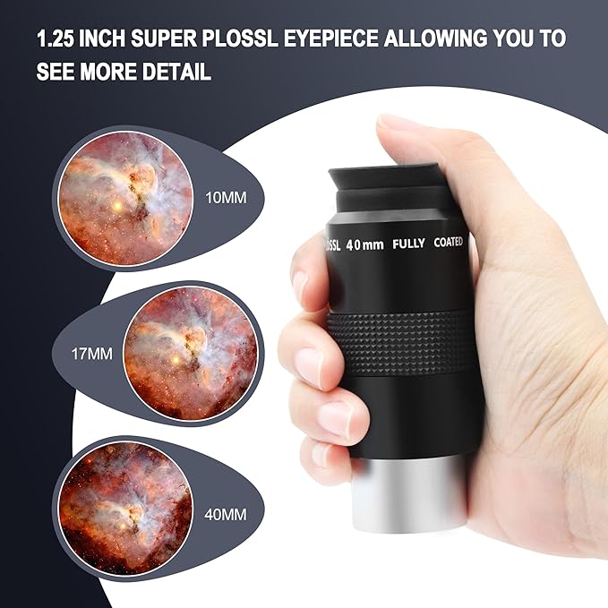 Astromania Telescope Eyepiece Set 1.25 Inch Super Plossl Eyepiece Set 10mm 17mm 40mm, 5 Element Fully Multi Coated Metal 52 Degree Apparent Field, Telescope Accessory Set for Astronomy Telescope