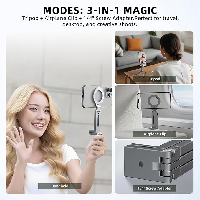 Magnetic Tripod for iPhone, Airplane Phone Holder for MagSafe Selfie Stick Adapter Travel Foldable Clip Clamp Plane Desktop Stand for iPhone 17 16 15 14 13 12 Pro Max Mini Accessories