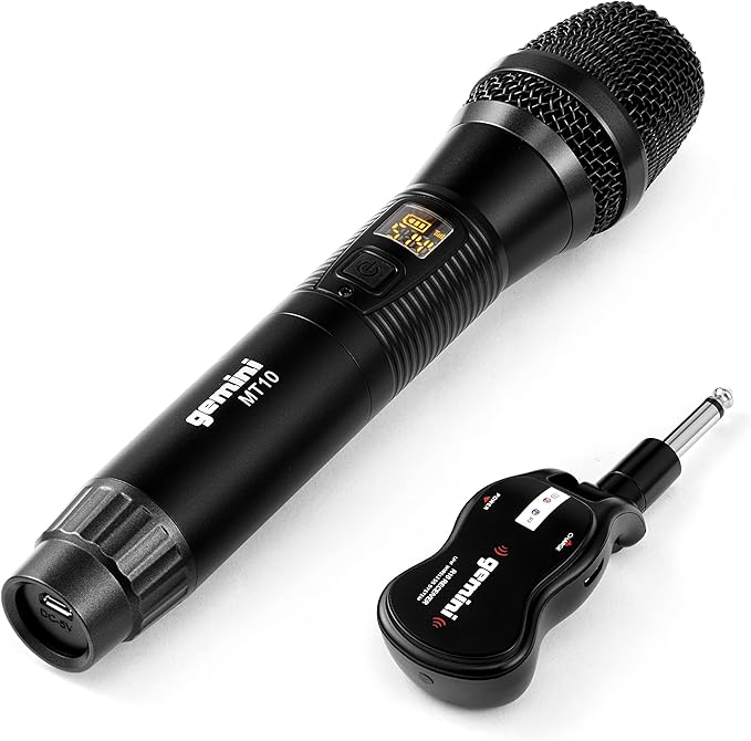 Gemini Wireless Microphone System UHF Handheld Rechargeable Cordless Mic with Receiver for Karaoke Singing DJ Performance PA Speaker Mixer 50M Range Plug Play (GMU-M100)